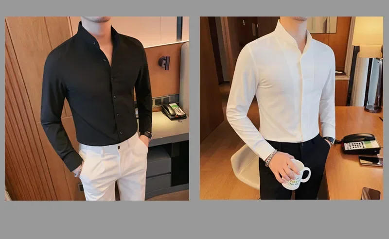 Description Picture 3 of itemMen Long-sleeved Business Formal Social Dress Shirt Fall Pure Stand Collar Party Club Casual Shirt Men's Brand Slim Tuxedo Shirt