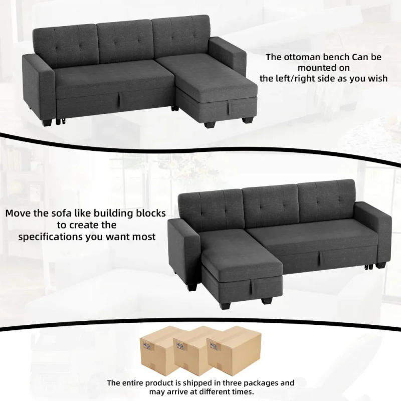 Description Picture 6 of itemSofa Bed Reversible Convertible Sleeper Pull Out Couches with Storage Chaise, Linen Fabric Furniture for Living Room, Apartment
