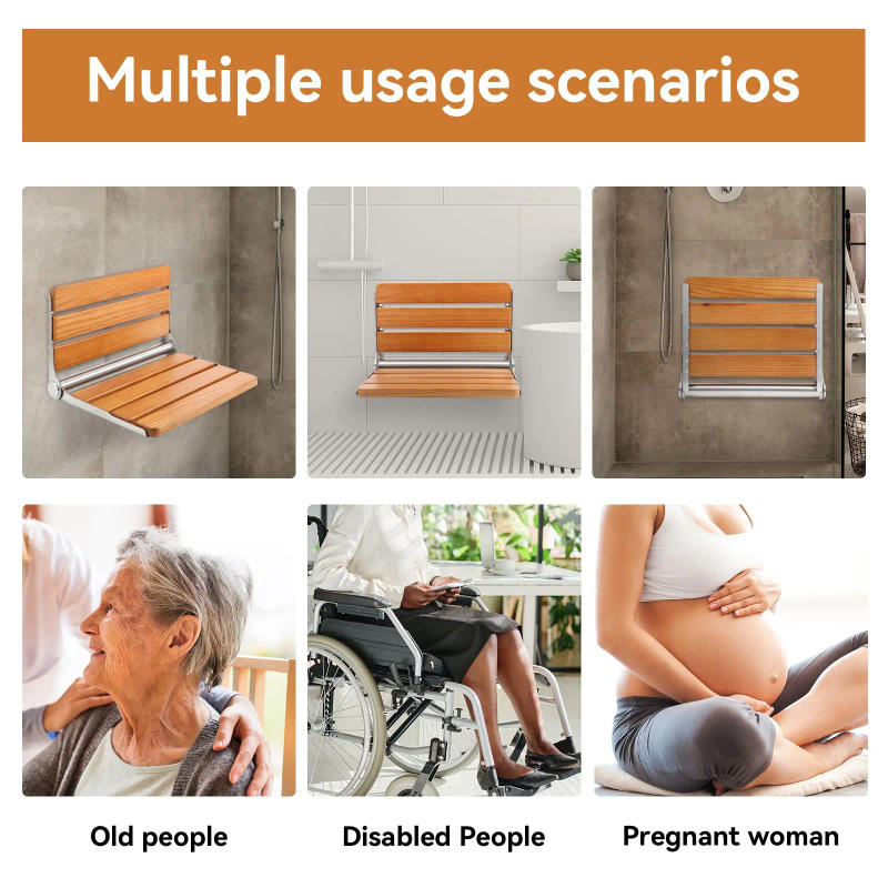 Description Picture 4 of itemWall Mounted Shower Seat Folding Shower Seat Wall Mounted Safe Space Saving Foldable Wall Wood Shower Chair Bench for Seniors