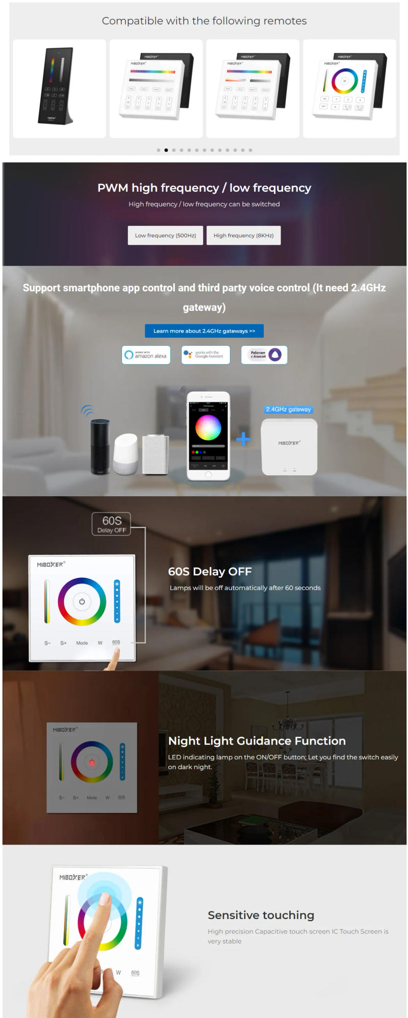 Description Picture 3 of itemMiBoxer P3 DC12-24V 2.4GHz 86Touch RGB/RGBW/RGB+CCT Switch Panel Dimmer Adjust Brightness Led Controller for Led Strips/FCOB