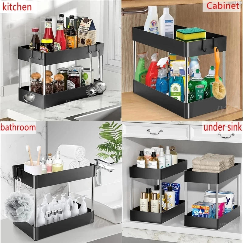 Description Picture 6 of item1/2 Pcs Under Sink Storage Organizer 2 Tier Drawer Multipurpose Rack Cabinet Under Sink Storage Rack Bathroom Kitchen Organizer