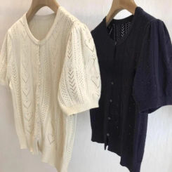 2025 Knitted Love Hollow Out Cardigans Women Summer Puff Sleeve Cropped Sweater Korean Single Breasted Fashion  Woman Clothes