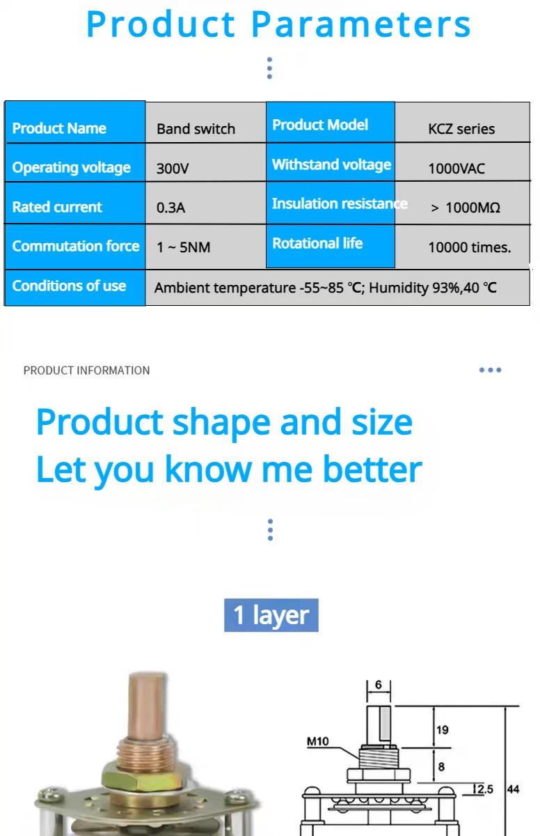 Description Picture 4 of itemKCZ Band gear rotary switch 1 pole 6/7/8/9/10 3W2D 4W2D 5W2D 3W3D position with channel rotary switch selector with cap