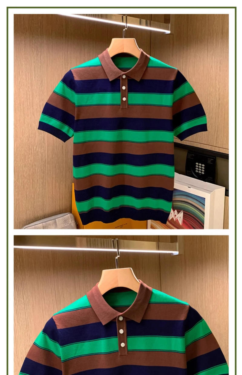 Description Picture 5 of item2024 New Fashion Brand Polo Shirt Men's Summer Turn Down Collar Slim Fit Contrast Color Button Breathable Polos Casual Men W47