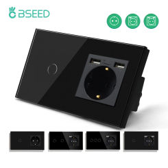 BSEED Wall Touch Switch With EU Socket  1/2/3Gang 1Way Sensor Light Switch Crystal Glass Panel Backlight USB Phone Charge Socket