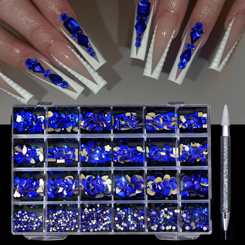 Description Picture 3 of item24 grid Luxury Shiny Diamond Nail Art Rhinestones Crystal Decorations Set AB Glass 1pcs Pick Up Pen In Grids Box