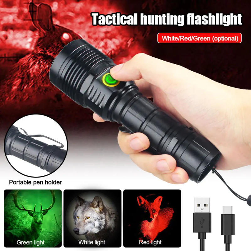 Description Picture 3 of item30W 1500LM Professional Green Red SST40 LED Hunting Flashlight Tactical 4-Modes Predator Coyote Torch USB Rechargeable Lantern