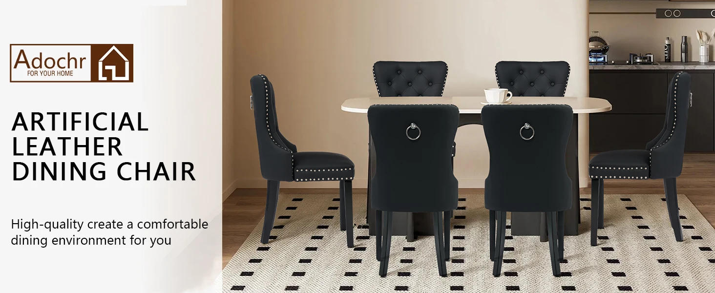 Description Picture 2 of itemLeather Dining Chairs Set of 2, Tufted Upholstered Dining Room Chair with Pull Ring and Solid Wood Legs, Black