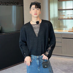 Spring Autumn Solid Hollow V-neck Knitted Sweater Couple Loose Casual High Street Personalized Long-sleeved Tops Male Clothes