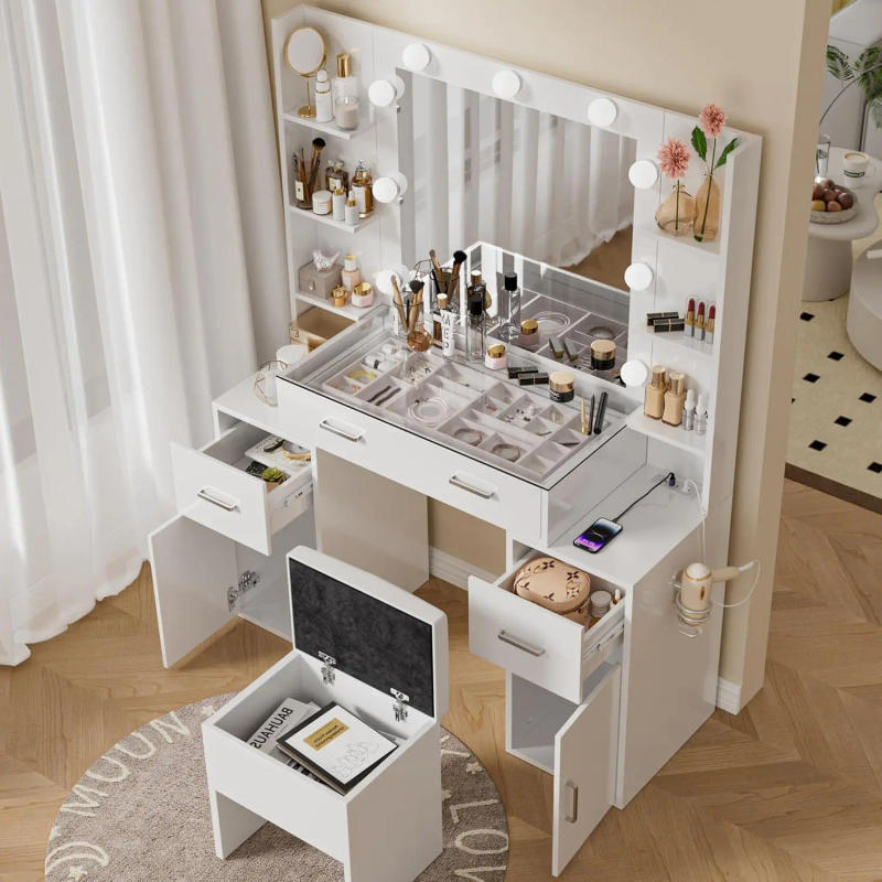 Description Picture 3 of itemMakeup Vanity Desk with Lights Glass Top Vanity with Charging Station Vanity Mirror with 9 LED Lights Desk Nightstand Set