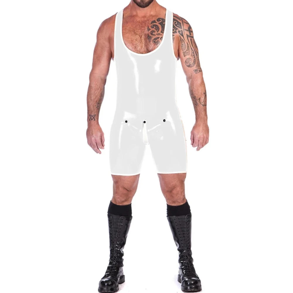 Description Picture 4 of itemMens Glossy PVC Leather Tank Leotard Punk Sleeveless One-piece Bodysuit Male U-neck Button Open Crotch Singlet Jumpsuit Clubwear