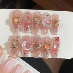 10Pcs Pink Coffin Handmade Press On Nails Moon Stars False Nails Sweet Bow Diamond Design Full Cover Ballet Fake Nails Press On