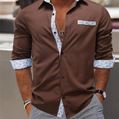 Summer New Men's Shirts Solid Color Cuff Pattern Print Daily Casual Men's Lapel Tops Large Size Men's Long Sleeve Shirts