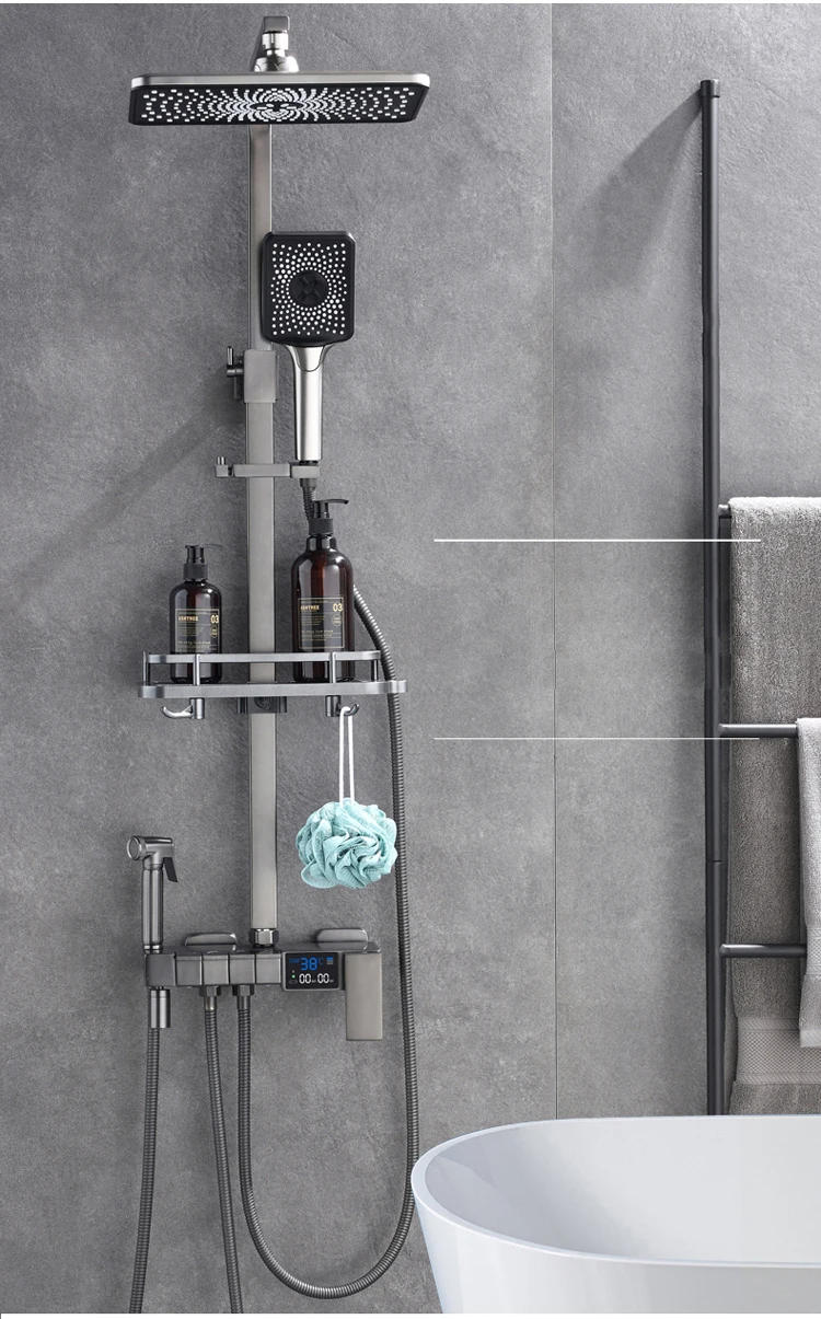 Description Picture 5 of itemGrey Piano Digital Bathroom Shower Set 12 Inch Rain Shower Head Copper Bathroom Faucet Accessories Thermostatic Shower System