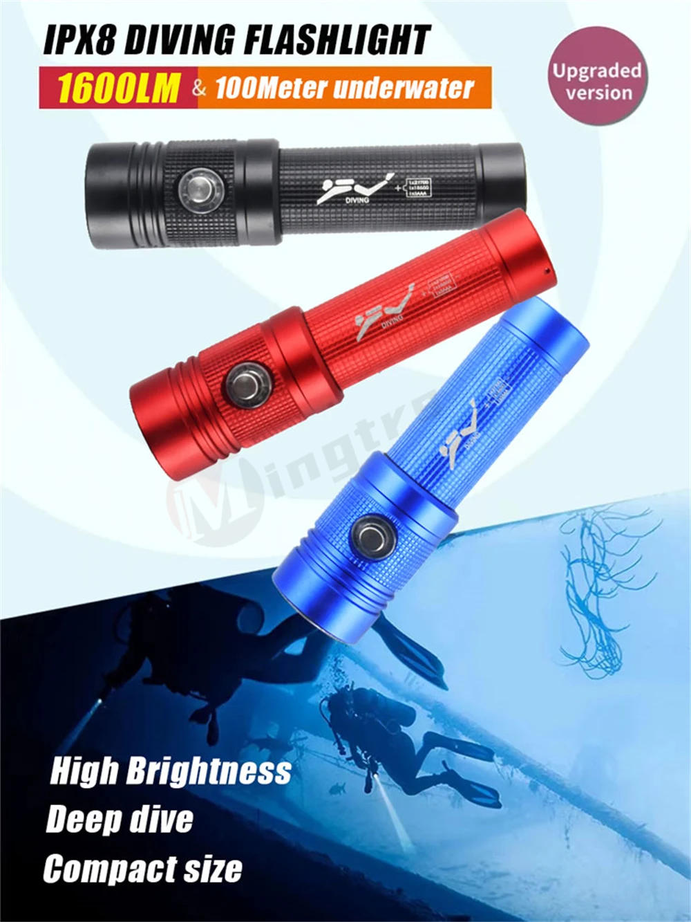 Description Picture 2 of itemIPX8 Waterproof 1600LM LED Scuba Diving Flashlight Torch LED Dive Light Underwater 100M 3 Modes Super Bright Submersible Light