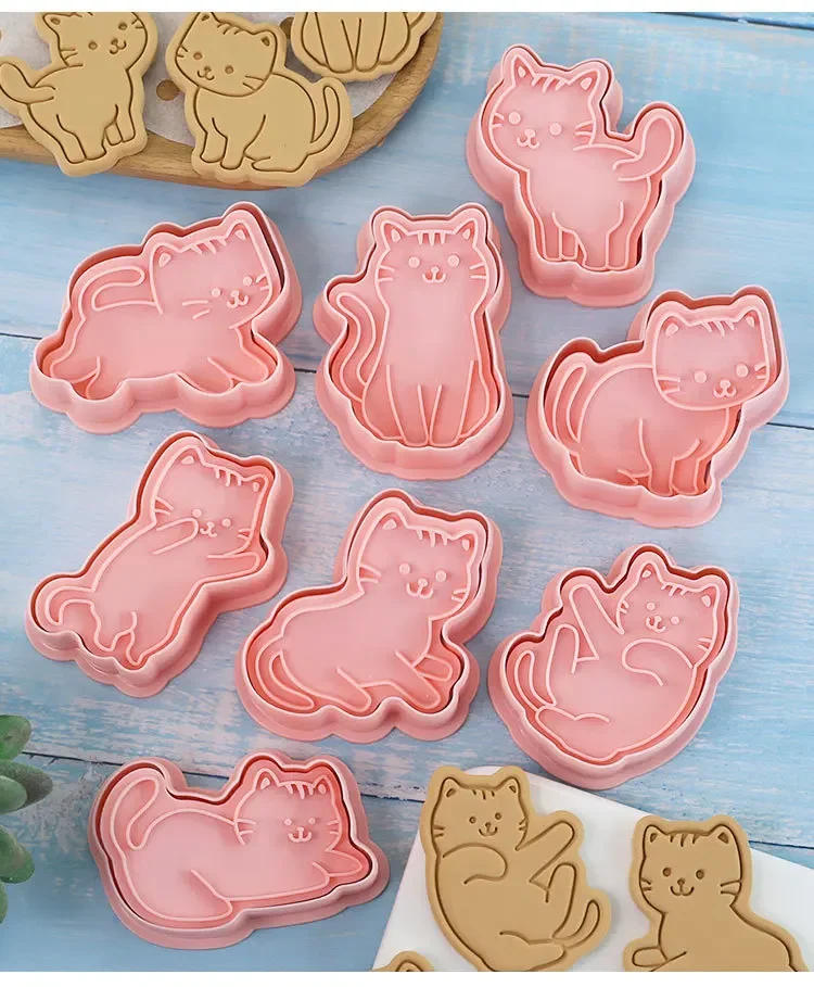 Description Picture 5 of item8Pcs Cat Cookie Mold Set Cartoon Cat Shape Cookie Stamp Fondant Cake Decoration Tools 3D Hand Pressure Plastic Biscuit Mold