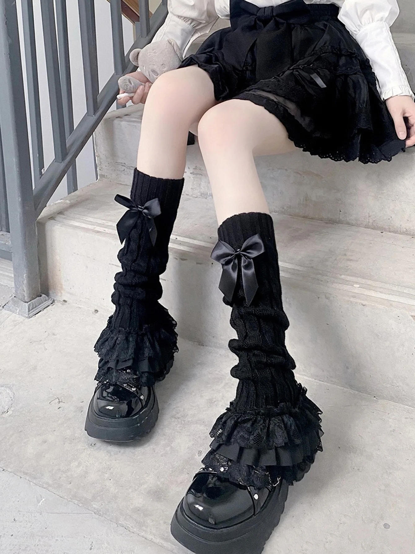 Description Picture 6 of itemJapanese Women Cable Knitted Leg Warmer Bow Tiered Ruffled Lace Calf Socks Long Socks Leg Warmers 2024