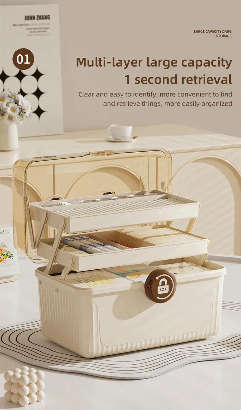 Description Picture 5 of itemLarge Capacity Medicine Box Cosmetic Home Storage Box Multi-Layer with Handle Jewelry Nail Polish Makeup Desktop Container Tool