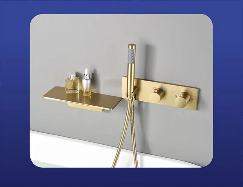Description Picture 4 of itemBrushed Gold Bathtub Shower Faucet Set Brass Thermostatic Tap Mixer With Handheld Waterfall Black