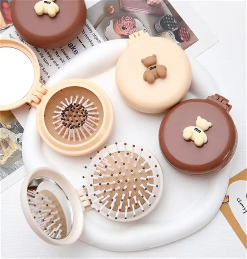 Description Picture 2 of itemCute Bear Foldable Head Massager Comb with Mirror Cartoon Air Bag Hair Comb Anti Static Styling Accessories Portable Hair Brush