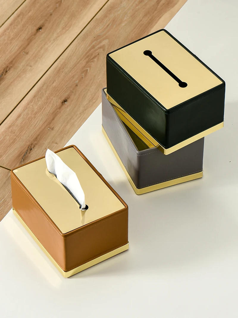 Description Picture 2 of itemEuropean Style Metal Tissue Box Leather Desktop Decoration Living Room Office Paper Drawer Napkin Storage Home Ornament New