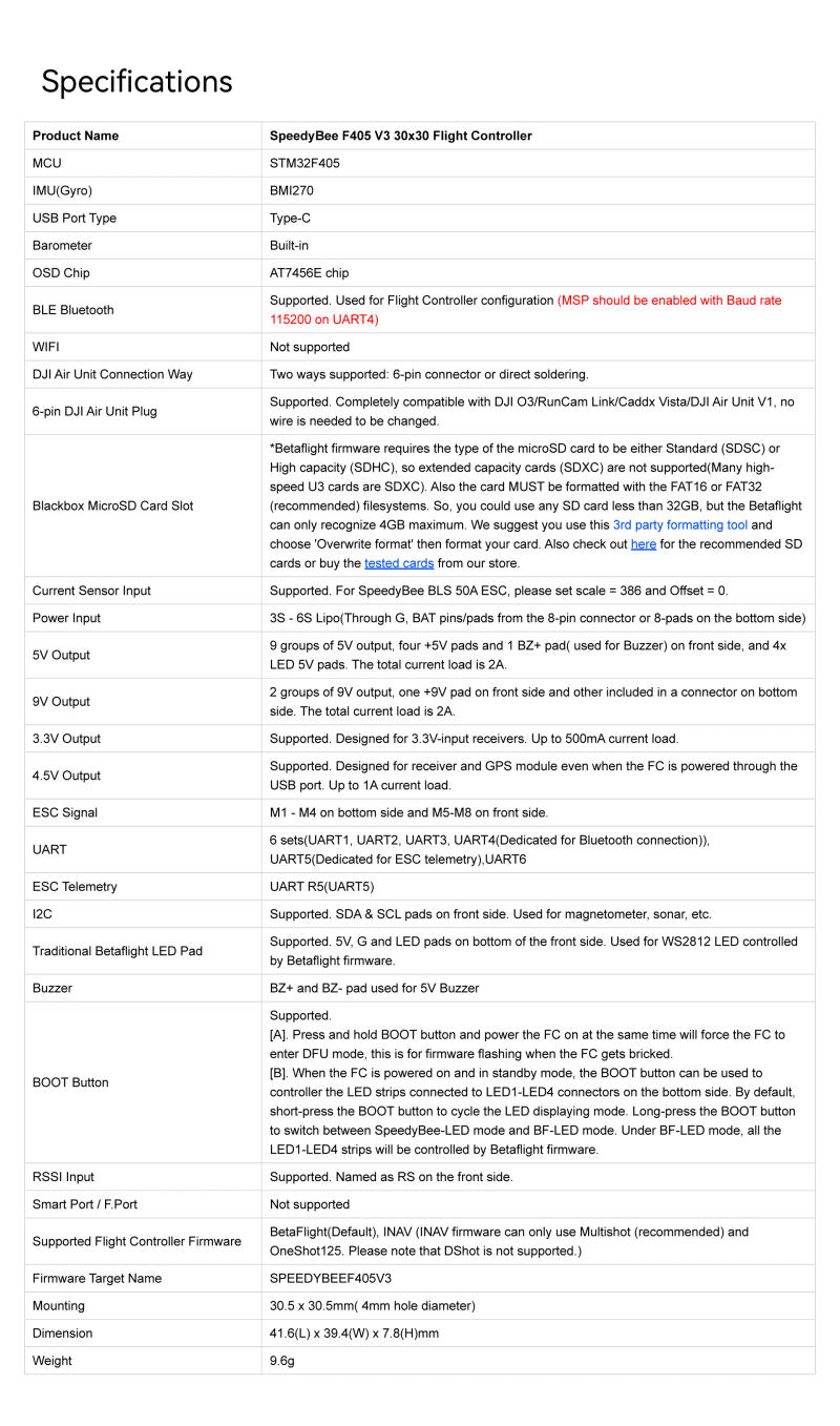 Description Picture 2 of itemSpeedybee F405 V3 50A Stack Fc Ecs Bmi270 30X30 Flight Controller Bls 4-In-1 Esc 3-6S Lipo For Rc Fpv Drone Runcam