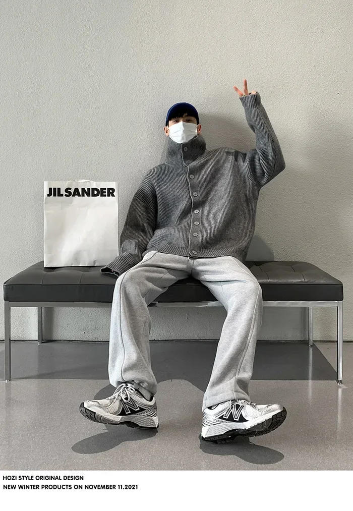 Description Picture 6 of itemMen's Cardigans Vintage Knitted Jacquard Turtleneck Cardigan Sweater Coat Trendy Loose Casual Solid Color Color Top Korean Style