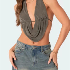 CHRONSTYLE Chic Backless Halter Lace-up Tank Crop Tops for Women Y2K V Neck Ruched Camis Fairy Grunge Vintage Mini Vest Clubwear