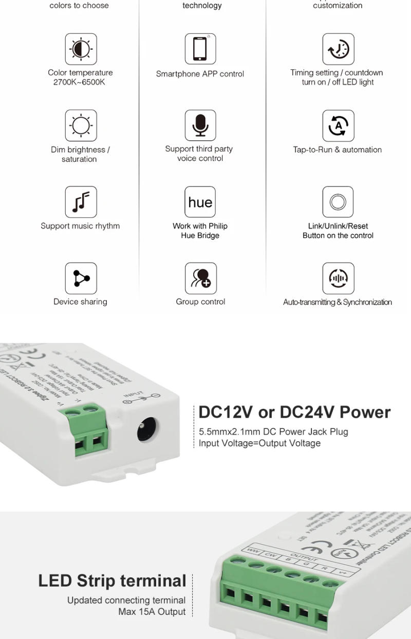 Description Picture 3 of item12~24V Tuya Zigbee Smart LED Dimmer CCT RGB RGBW RGBCCT LED Controller Support Alexa Google Assistant Voice Control