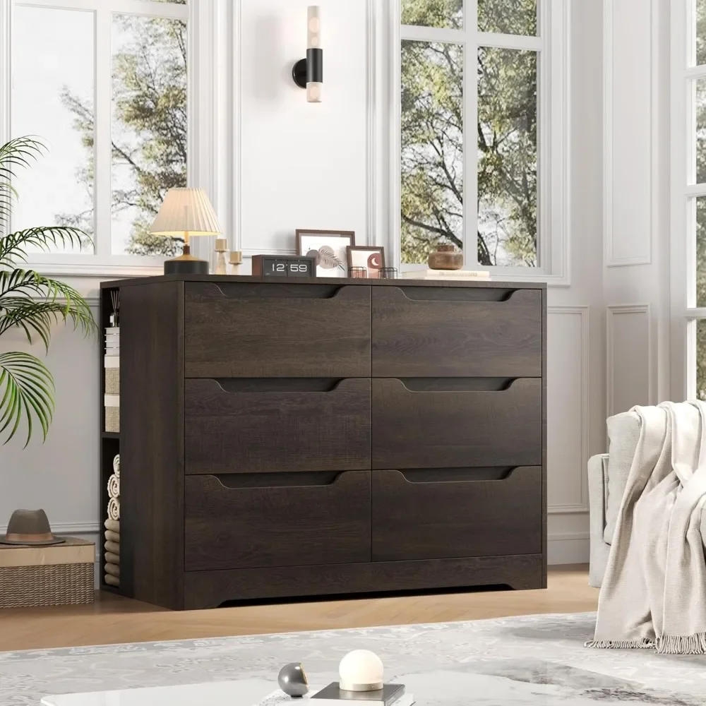 Description Picture 5 of item6 Drawer Dresser for Bedroom, Dresser with 4 Cubbies, Wood Chest of Drawers with Cut-Out Handles, Modern Storage Chest