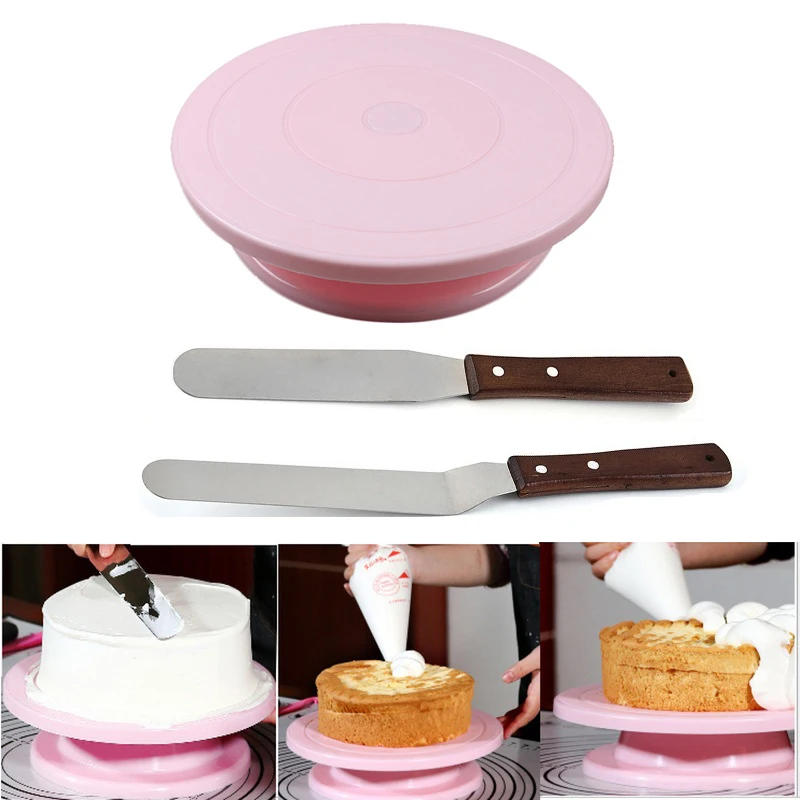 Description Picture 2 of itemRotating Cake Turntable Pastry Round Cake Plate Nonslip Bottom Revolving Decorating Stand 360 Degree Revolving Cake Base Scraper