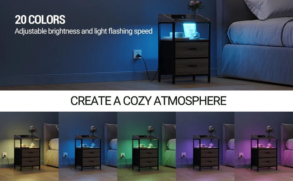 Description Picture 3 of itemNightstands Set of 2 with LED Lights and Charging Station,End Table with 2 Fabric Storage Drawers and Shelves, Modern Side Table