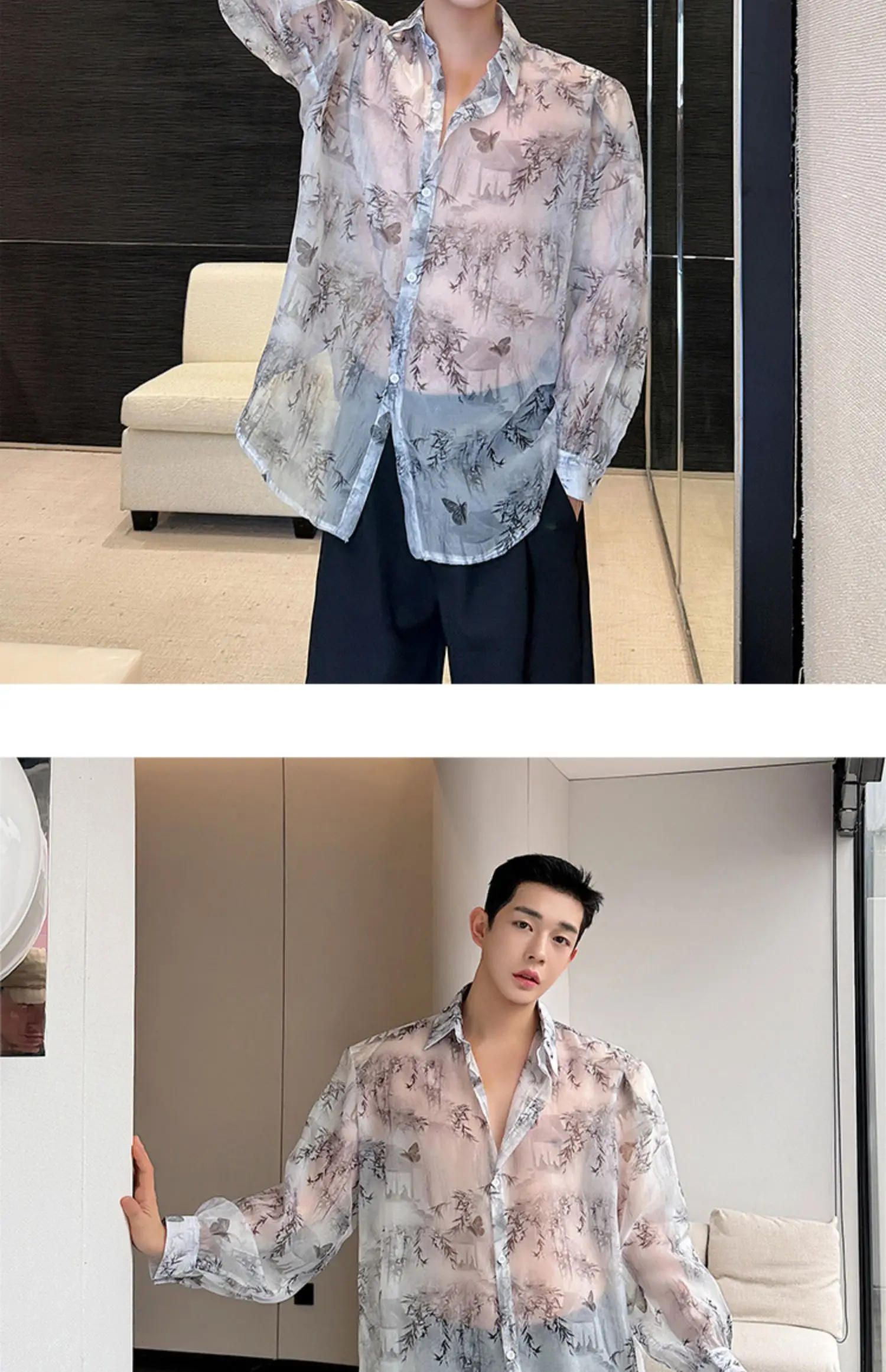 Description Picture 5 of itemMen See Through Lightweight Loose Casual Vintage Print Long Sleeve Party Dress Shirts Beach Blouses Man Performance Costumes