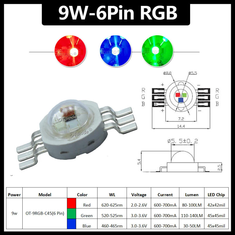 Description Picture 5 of item1-100pcs 3W 4W 5W 6W 15W 18W High Power LED RGB RGBW RGBWY RGBWYV 4pin 6pin 8pin 10pin 12pin Colorful Chip Stage lights Source