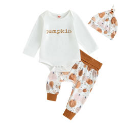 Newborn 3 Piece Pants Set Baby Girl Boy Halloween Letter Print Romper and Pants Hat Outfits Infant Clothing