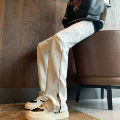 2024 New Black Elastic Waist Forking Sweatpants Men Spring American Style High Street Zipper Slim Solid Color Straight Leg Pant