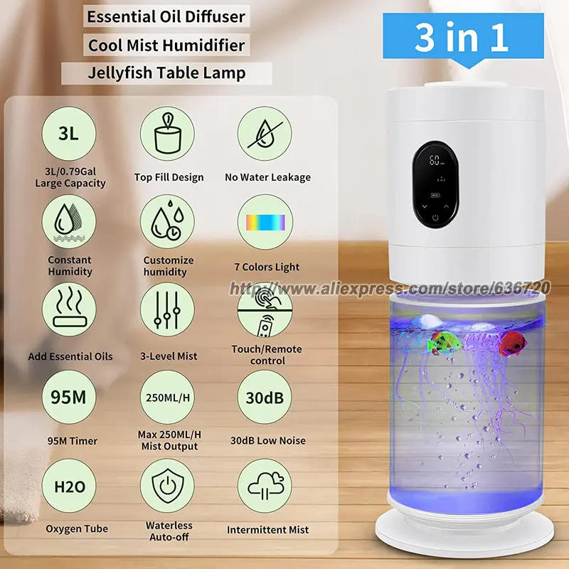 Description Picture 2 of itemDiffusers Humidifier for Essential Oils, 3 in 1 Large Cool Mist Humidifier Essential Oil Diffuser with 3.8 L Aquarium Tank