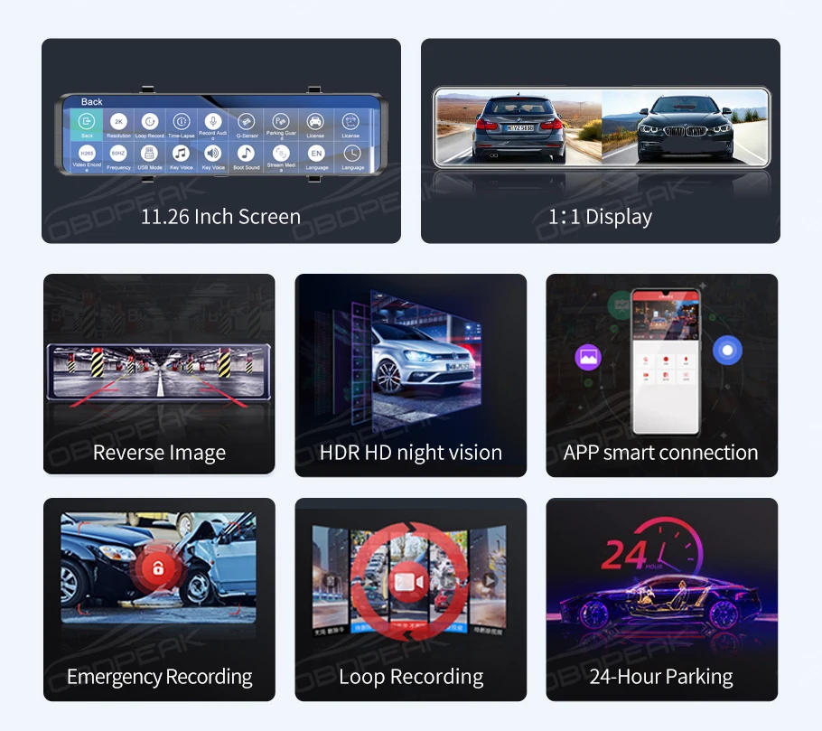 Description Picture 4 of itemOBDPEAK H8 4K + 2K Dash cam GPS WIFI Front Iconic Brand IMX415 Rear View Mirror Video Recorder IMX307 Back Camera Registra Car Dvr