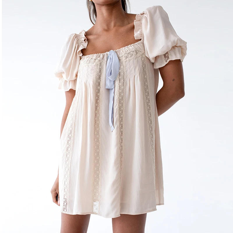 Description Picture 5 of itemY2K Cottage Kawaii Puff Sleeve Mini Dress Lace Trim Square Collar Backless A-line Dress Aesthetic Fairycore Vintage Short Dress