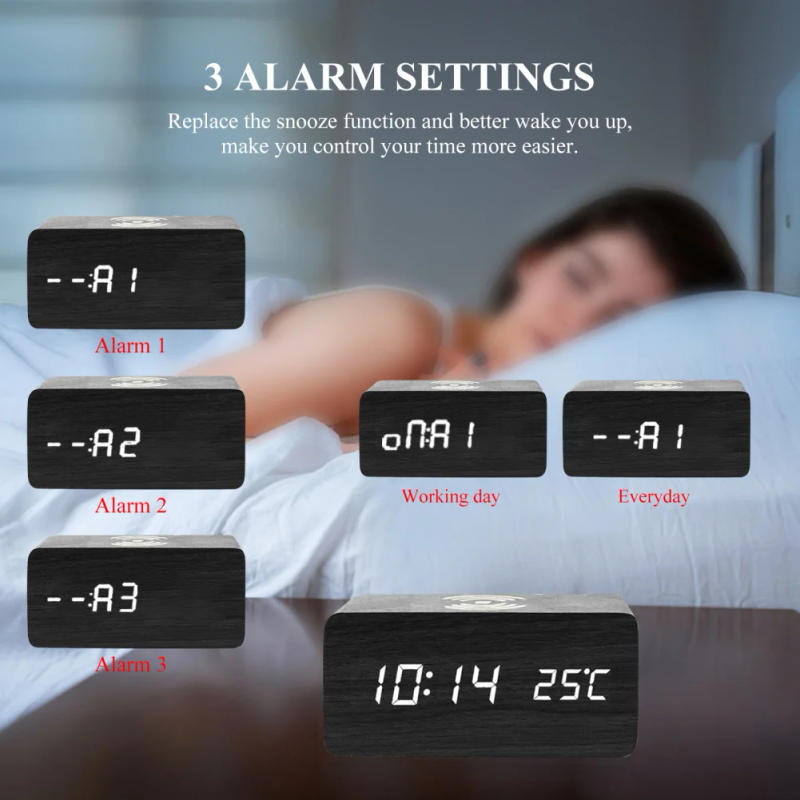 Description Picture 5 of itemWooden Digital Alarm Clock Wireless Charging 24/12 Hour Setting LED Large Screen Display Table clock Snooze for Home Bedroom