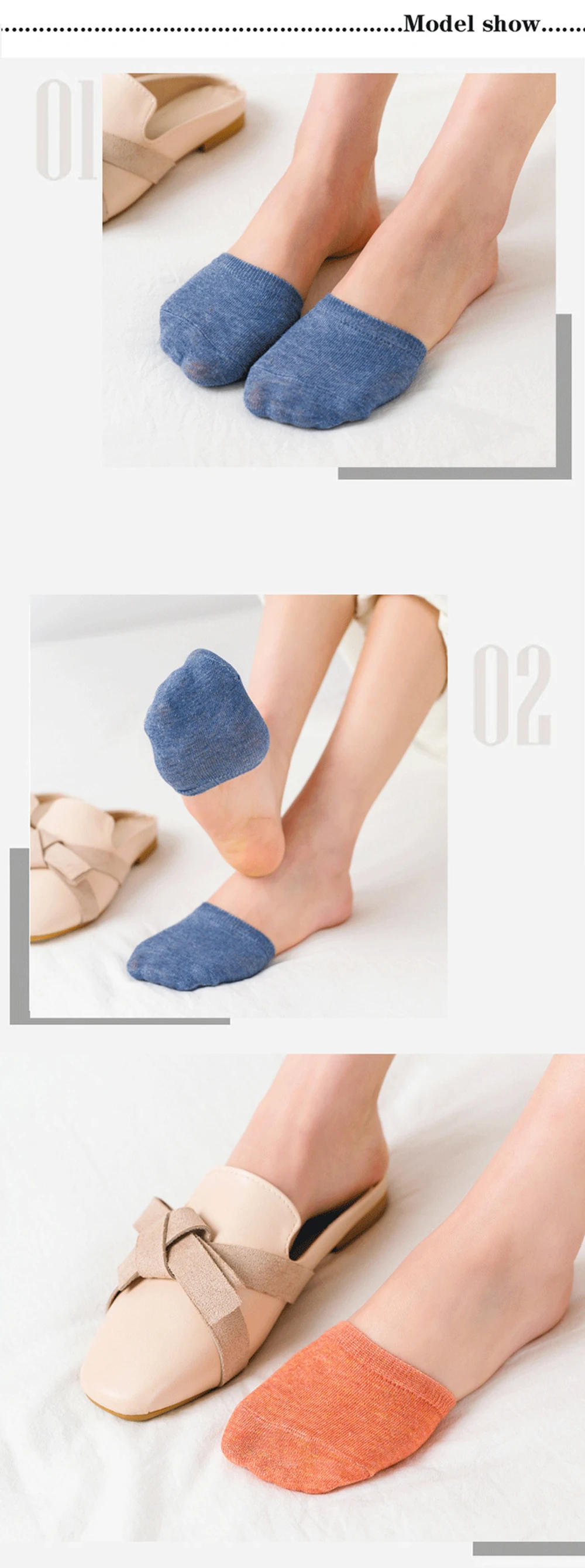 Description Picture 3 of item1Pair Women Summer Forefoot Half Foot Toe Cover Socks Invisible No Show Female Breathable Cotton Socks Candy Color