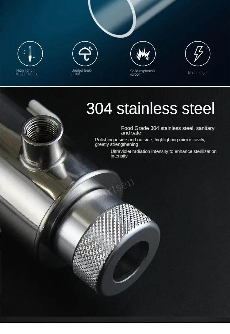 Description Picture 3 of item12W Stainless Steel UV Water Sterilizer Ultraviolet Tube Lamp Direct Drink Disinfection Filter Aquarium Fish Tank Purifier
