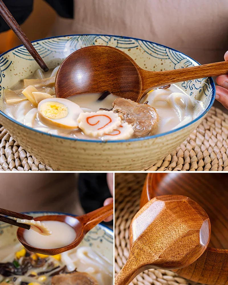 Description Picture 5 of item1Pc Big Wooden Spoon Long Handle Cooking Spoon Japanese Ramen Soup Ladle Large Dinner Serving Spoon Wood Kitchen Tableware