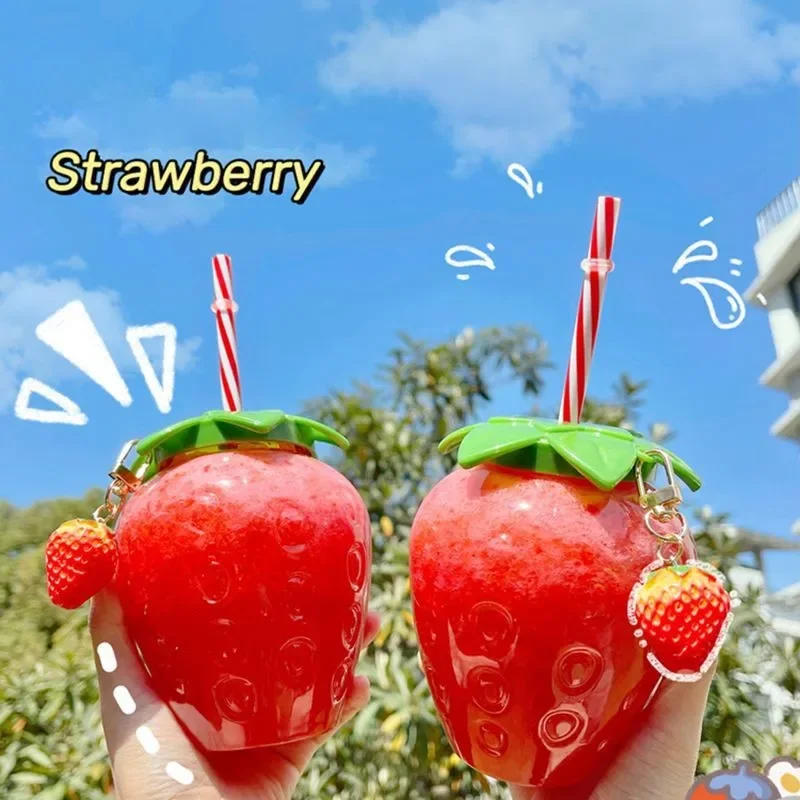 Description Picture 4 of item500ml Strawberry Straw Water Bottle Cute Summer Portable Plastic Cup Cartoon Kawaii Girl Student Kids Drinking Cup Juice Bottle