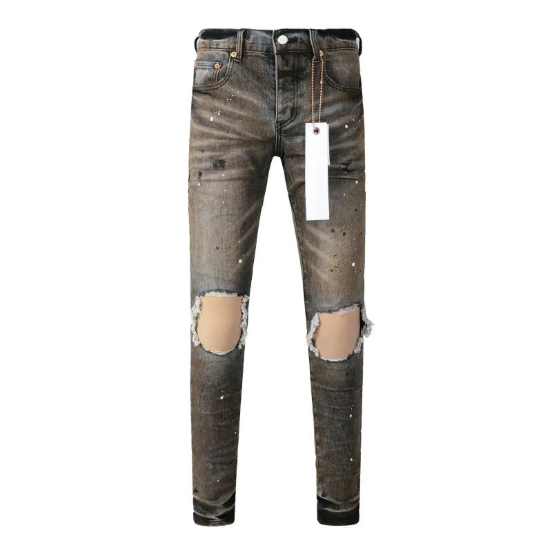 Description Picture 4 of item2024ss New Purple jeans Men with High street distressed dual tone wash Repair Low Rise Skinny Denim pants 9031