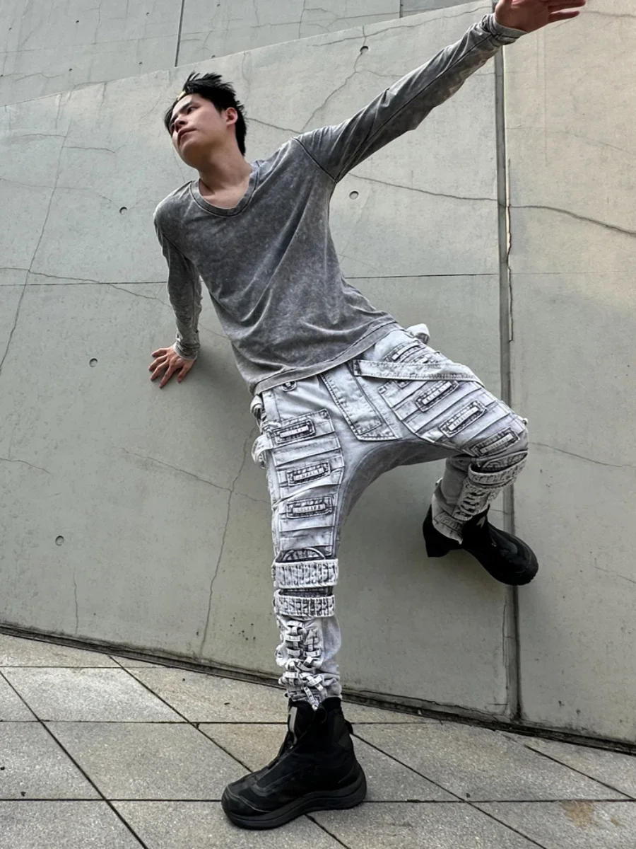 Description Picture 5 of itemWasteland Punk Vintage Light Color Distressed Tie-Dyed Wash Slim Fit Skinny Pants Loose Crotch Men's Overalls Streetwear Men