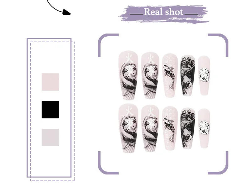 Description Picture 5 of itemSea Wave Carp Japanese Style Doodle False Nails Detachable Nude Pink Long Coffin Fake Nails with Glue Full Cover Press on Nails