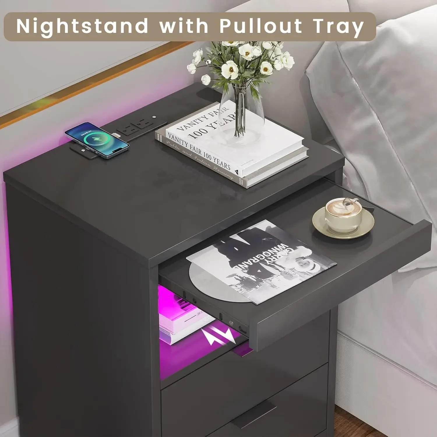 Description Picture 5 of itemLED Nightstand Black Nightstand with Wireless Charging Station 2 Drawers, Modern Bedroom End Side Table with LED Lights