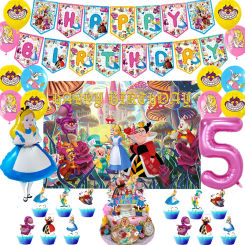 Alice in Wonderland Birthday Party Decoration Alice Foil Balloon Backdrop Banner Cake Topper Baby Birthday Party Supplies
