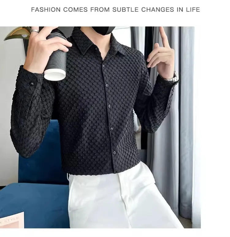 Description Picture 6 of itemBrand Solid Color Shirt Men's 2024 Spring Long Sleeve Slim Casual Business Dress Shirt Social Party Tuxedo Blouse Men Clothing